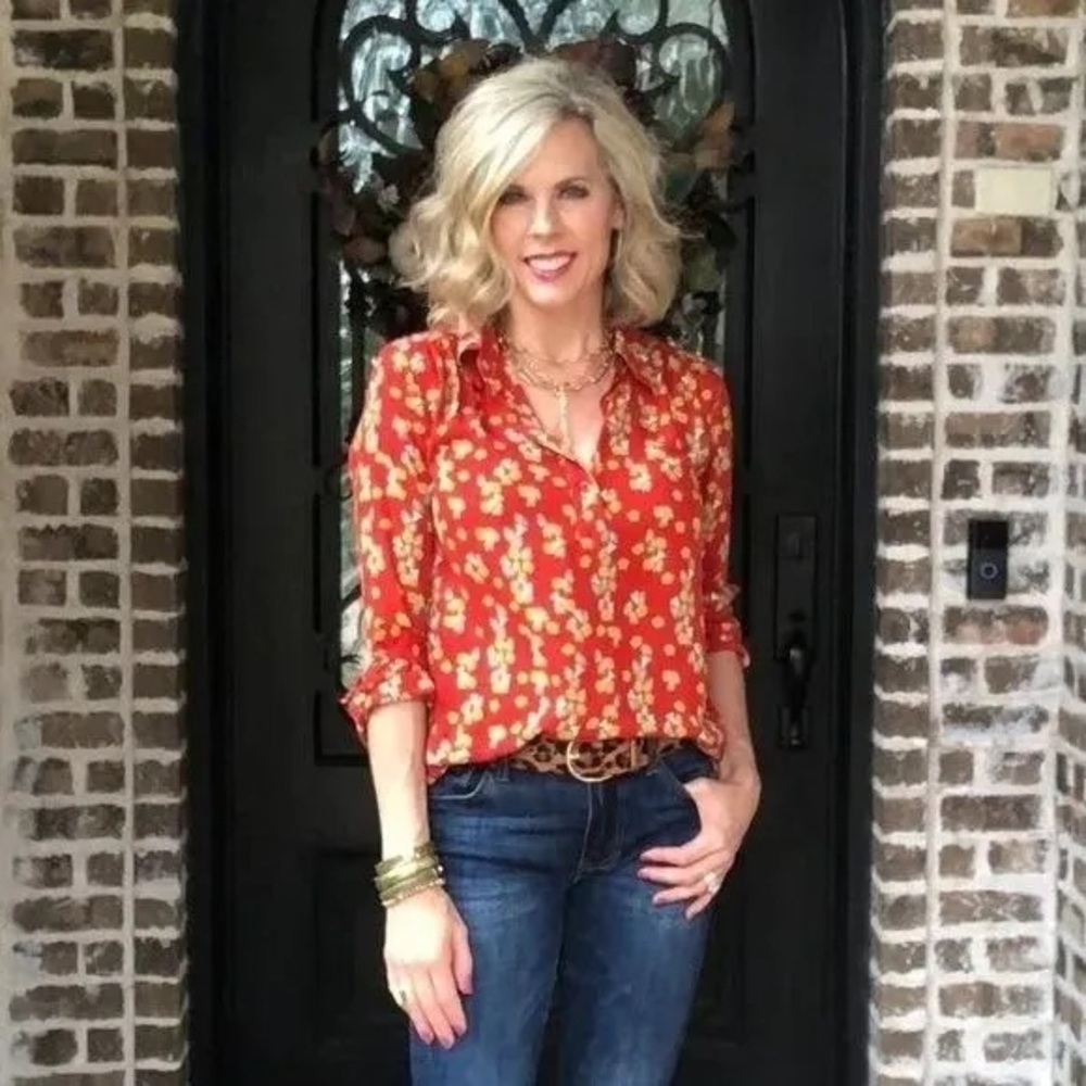 Cabi Belfry red floral top, size small